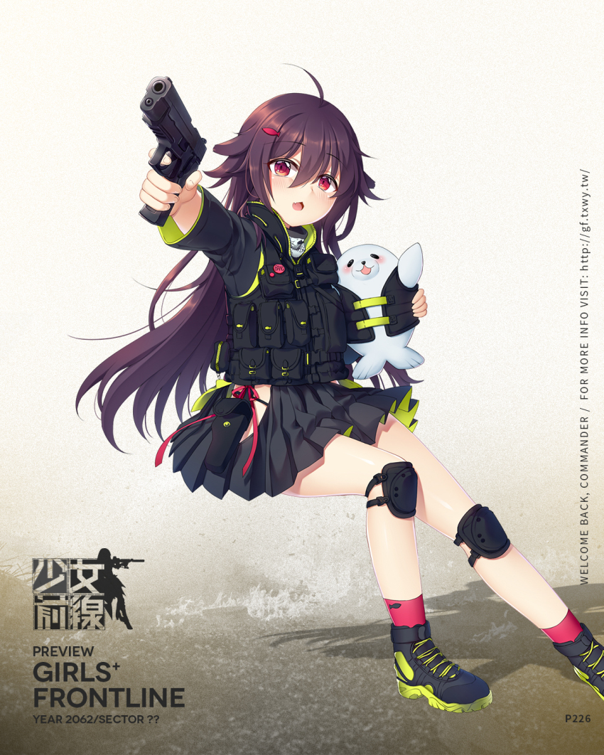 1girl, :3, :d, ahoge, animal, black_shoes, black_skirt, blush