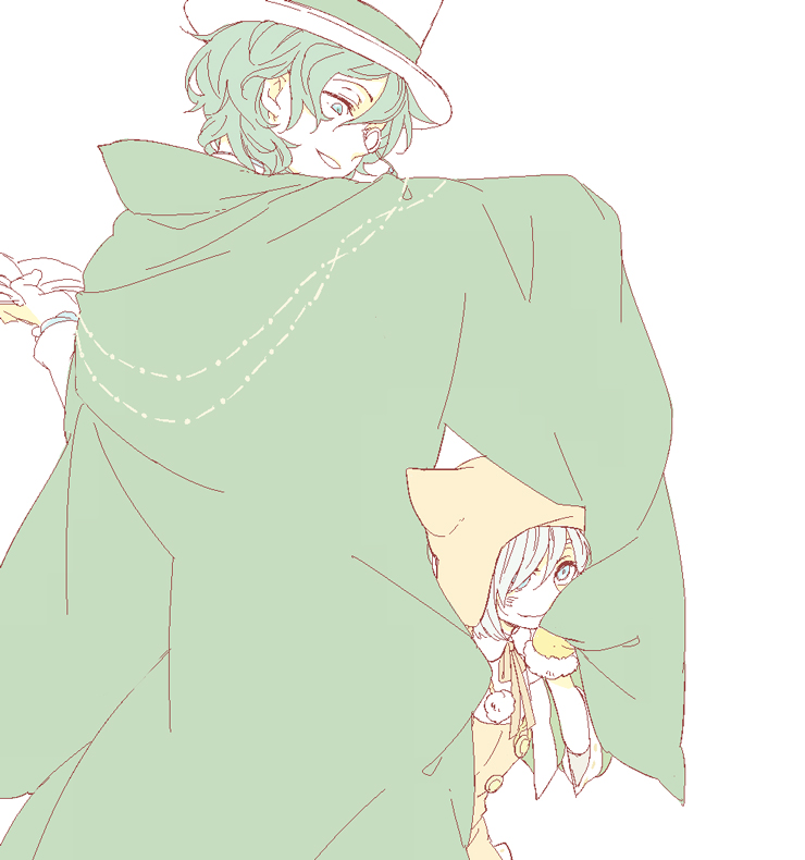 2boys, animal_hood, bungou_to_alchemist, cape, edogawa_ranpo_(bungou_to_alchemist), hat, hiding, hood