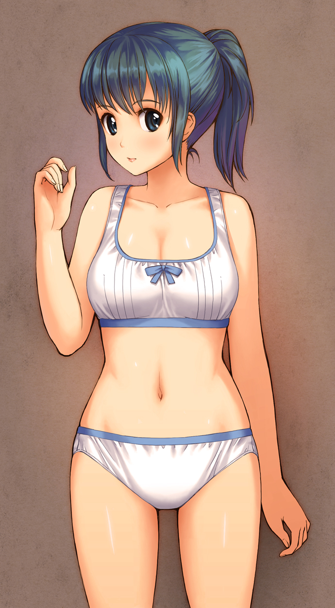 1girl, arm_at_side, arm_up, blue_bow, blue_eyes, blue_hair, bow, bow_bra