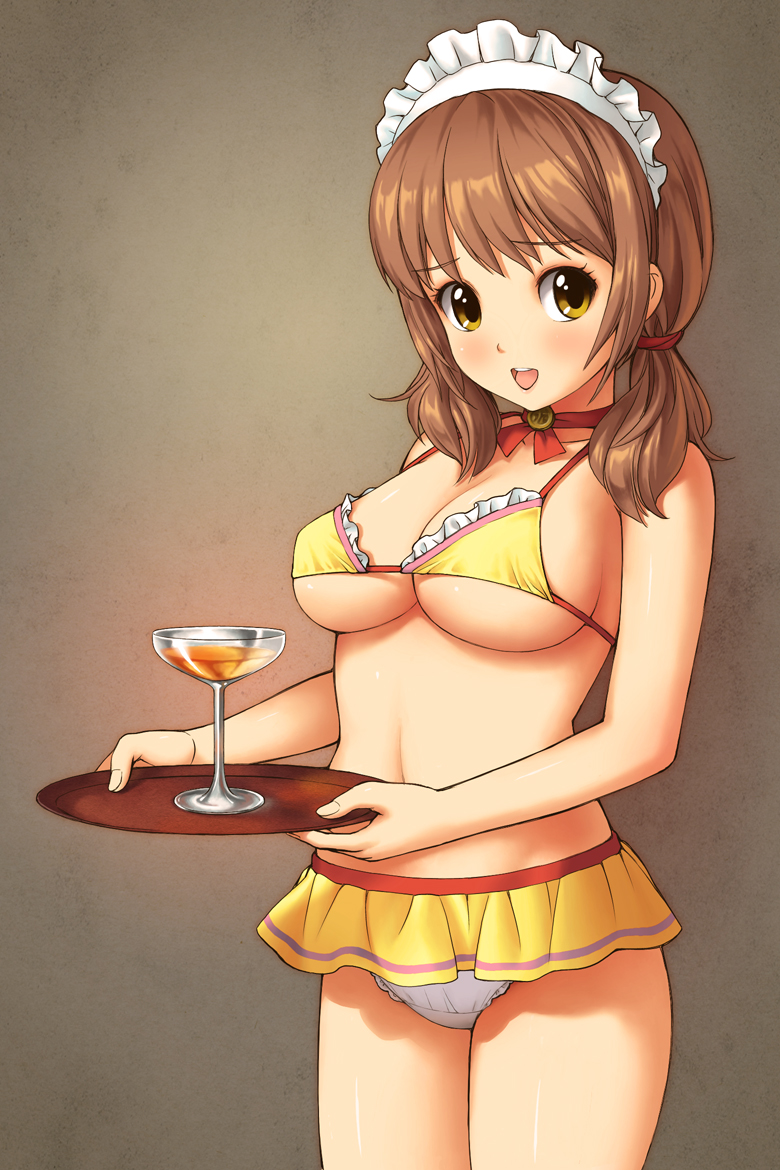 1girl, alcohol, bikini, bikini_skirt, blush, breasts, brown_hair, choker