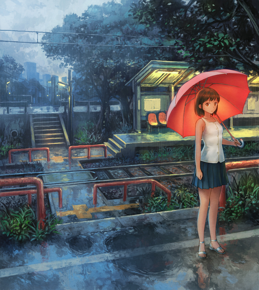 1girl, arm_at_side, arm_up, blue_skirt, female_focus, grass, holding, holding_umbrella