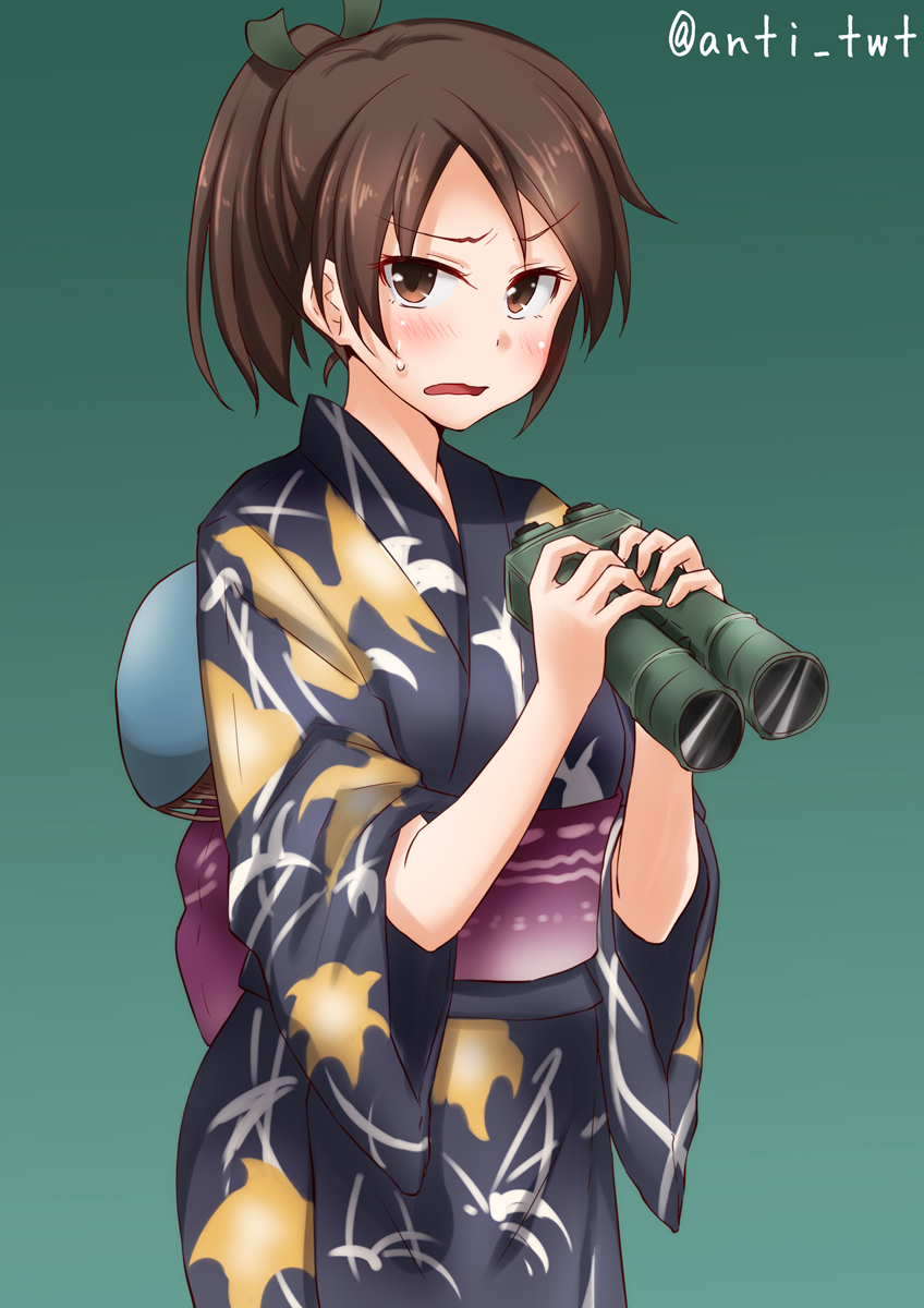 10s, 1girl, alternate_costume, anti_(untea9), binoculars, brown_eyes, brown_hair, commentary