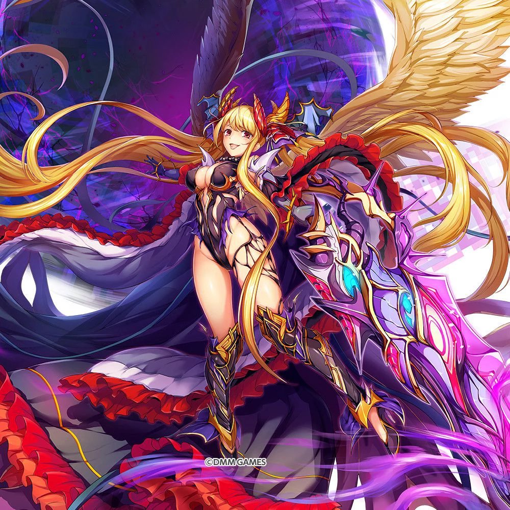absurdly_long_hair, angel_wings, armor, asymmetrical_wings, black_wings, blonde_hair, bracelet, breasts