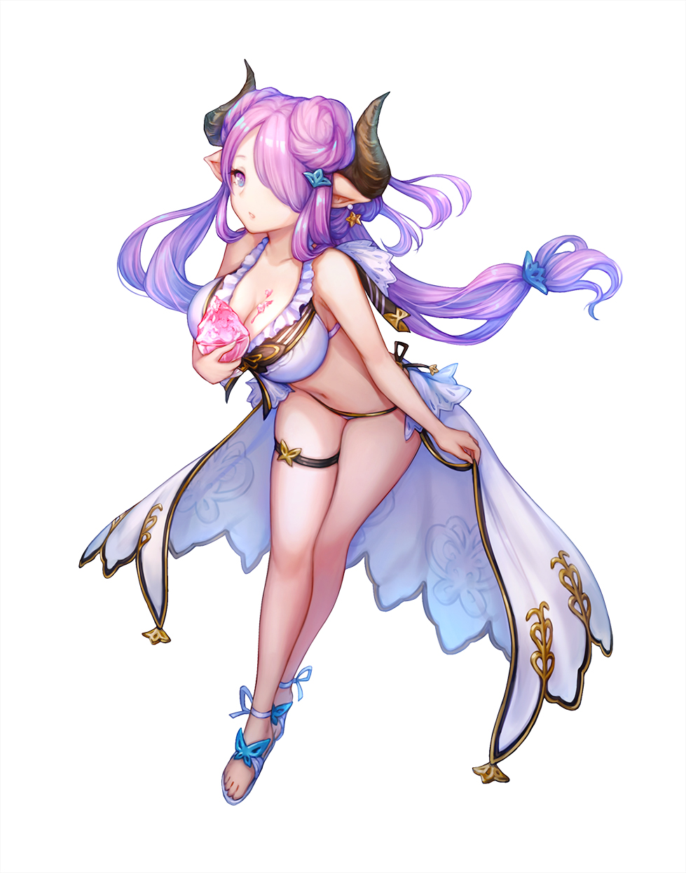 1girl, bikini, breasts, cleavage, collarbone, cow_girl, cow_horns, draph, echoes_(cassandratree), female_focus, full_body, granblue_fantasy, hair_ornament, hair_over_one_eye, hairclip, highres, horns, large_breasts, leaning_forward, long_hair, narmaya_(granblue_fantasy), navel, pink_eyes, pink_hair, pointy_ears, purple_eyes, purple_hair, sandals, simple_background, skirt, solo, standing, swimsuit, toes, white_background, white_bikini