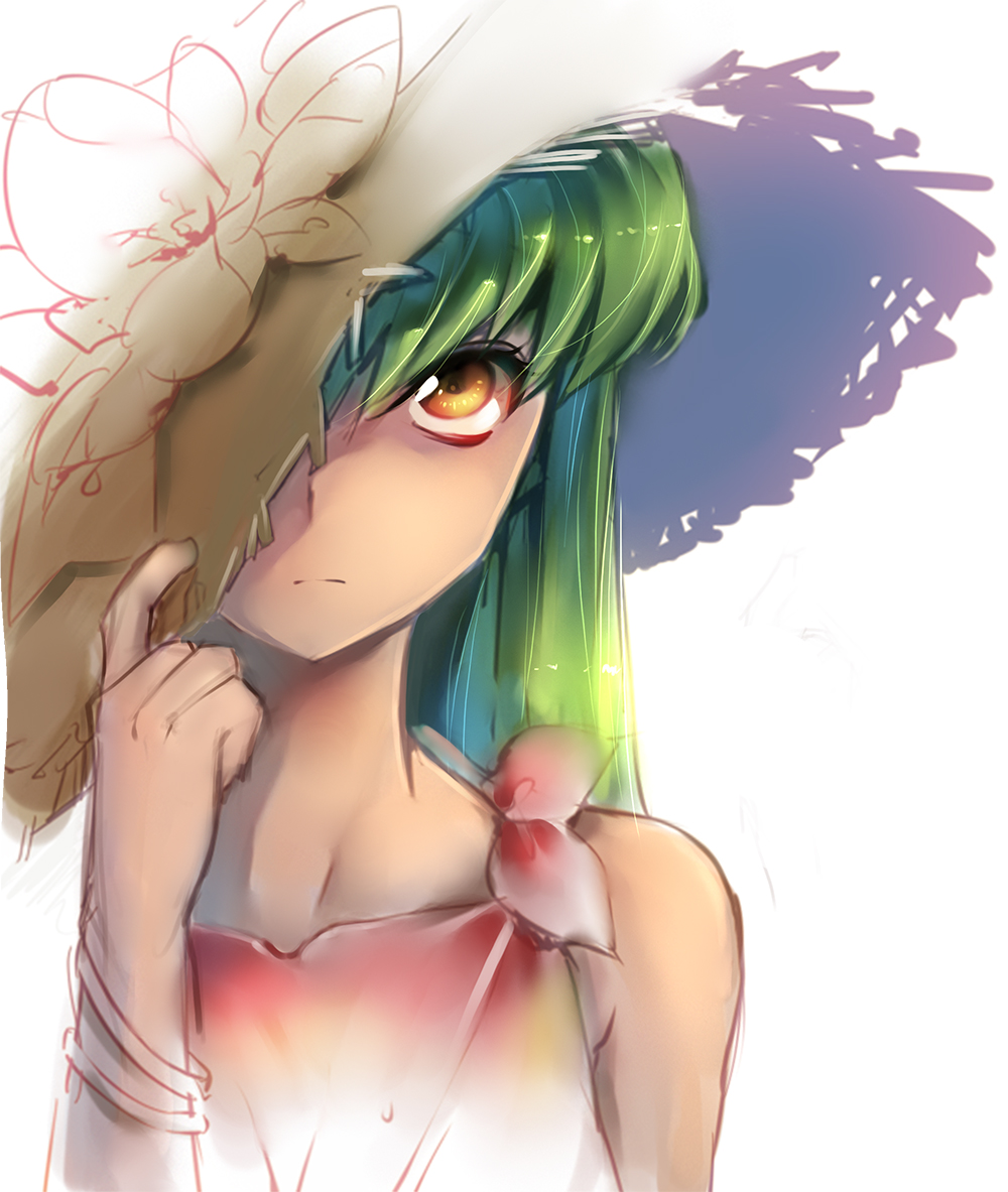 1girl, brown_eyes, c.c., code_geass, female_focus, frown, green_hair, hat