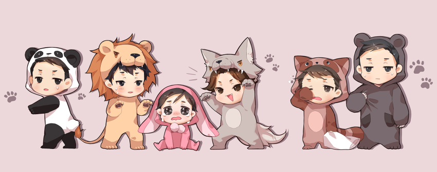 6+boys, amari_(joker_game), animal_costume, bear_costume, blush, brown_eyes, brown_hair, chibi