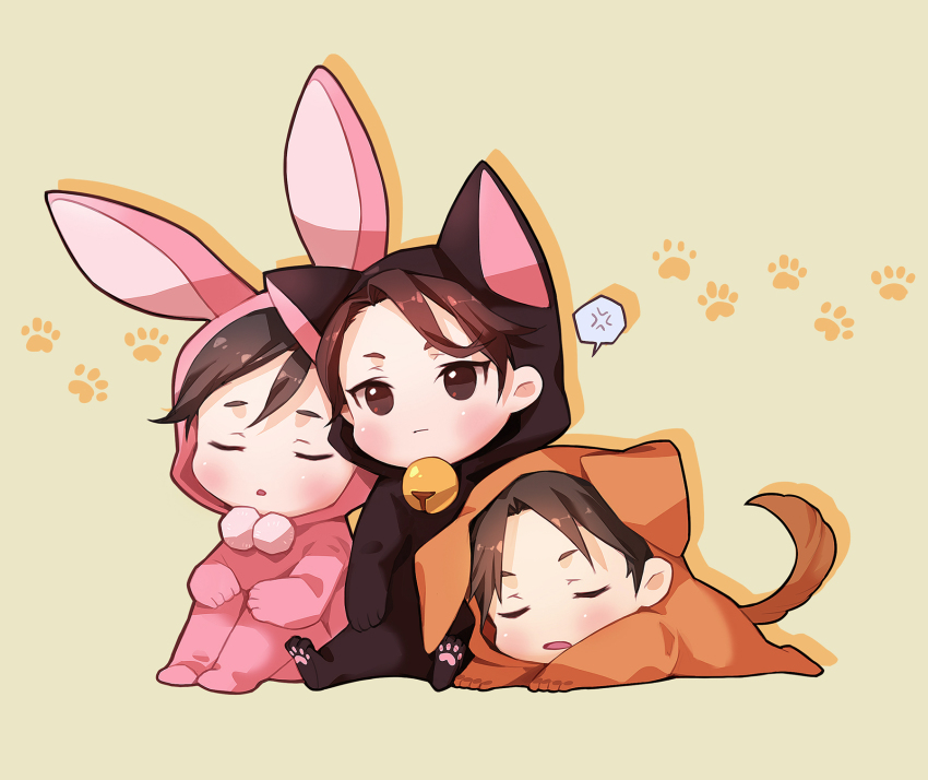 3boys, anger_vein, animal_costume, bell, blush, brown_eyes, brown_hair, cat_costume