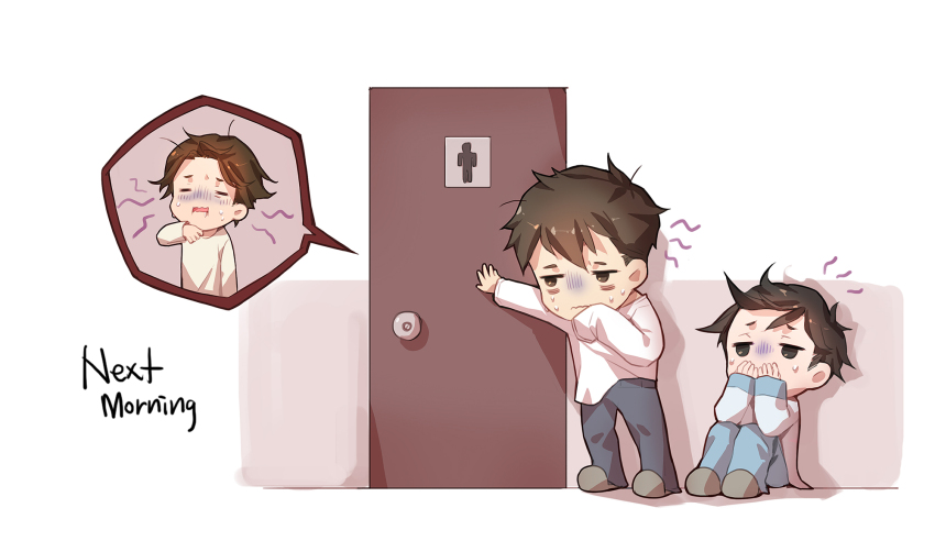3boys, bags_under_eyes, blue_pants, brown_hair, chibi, closed_mouth, door, english_text
