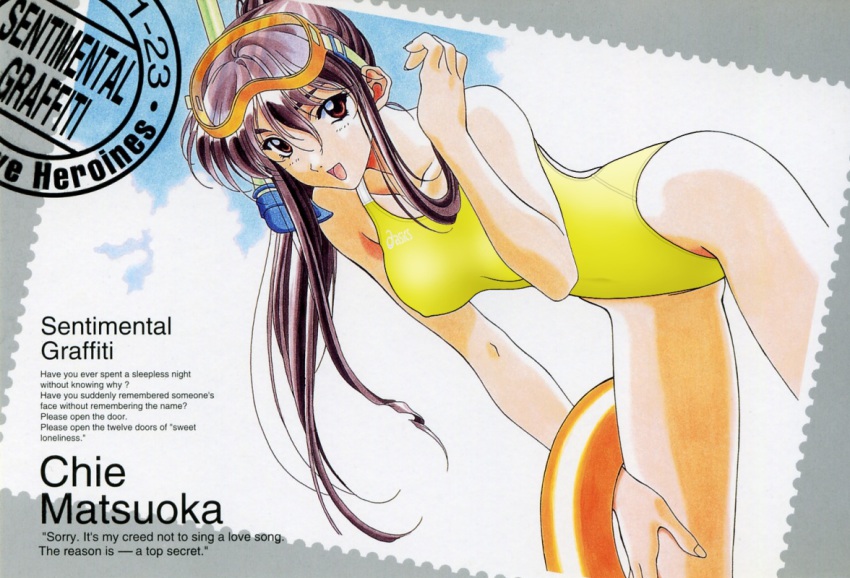 1990s_(style), 1girl, breasts, breasts_apart, competition_swimsuit, cowboy_shot, day, diving_mask