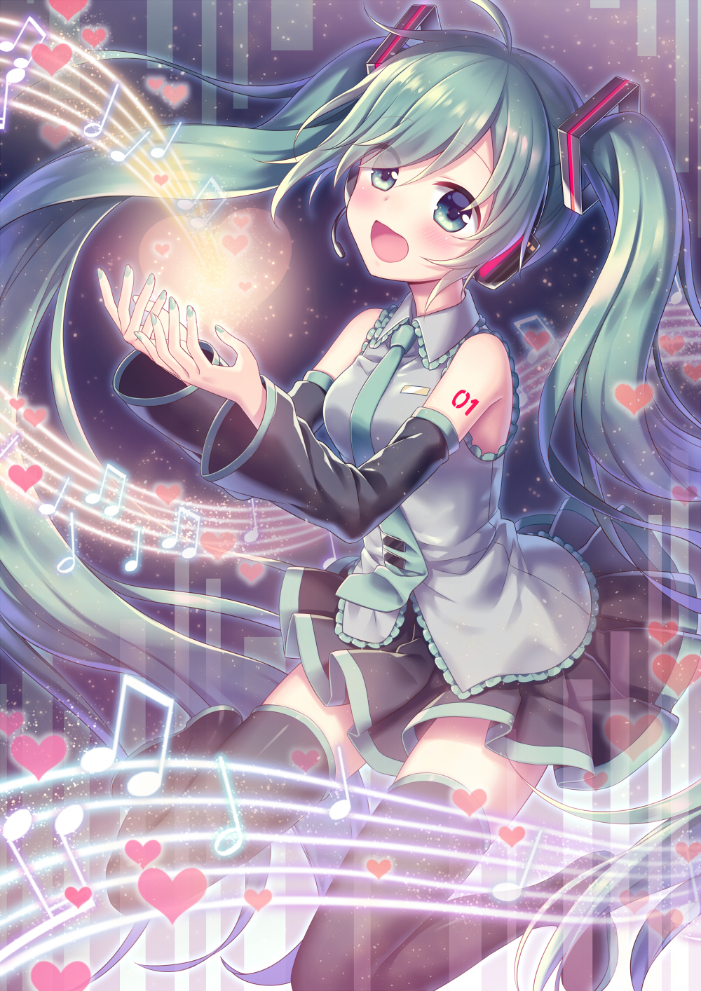 1girl, :d, amane_kurumi, aqua_eyes, aqua_hair, beamed_quavers, black_boots, black_skirt