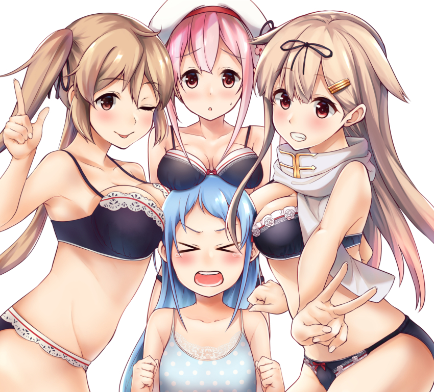 >_<, 10s, 4girls, ;p, black_bra, black_panties, blue_bra, blue_hair