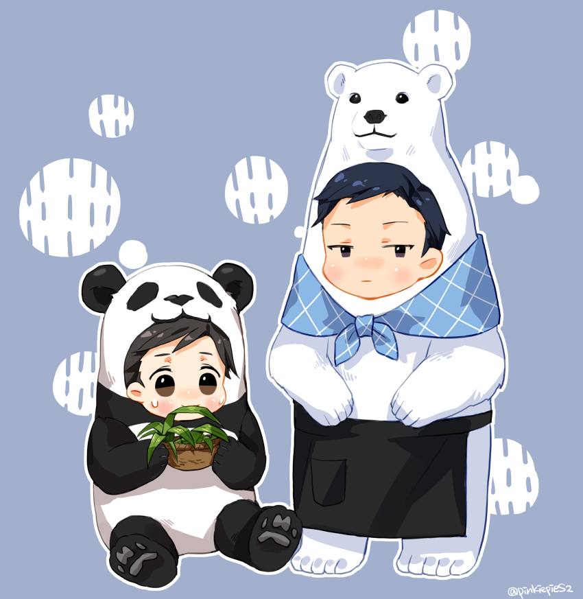 2boys, apron, basket, blue_background, brown_eyes, brown_hair, chibi, closed_mouth