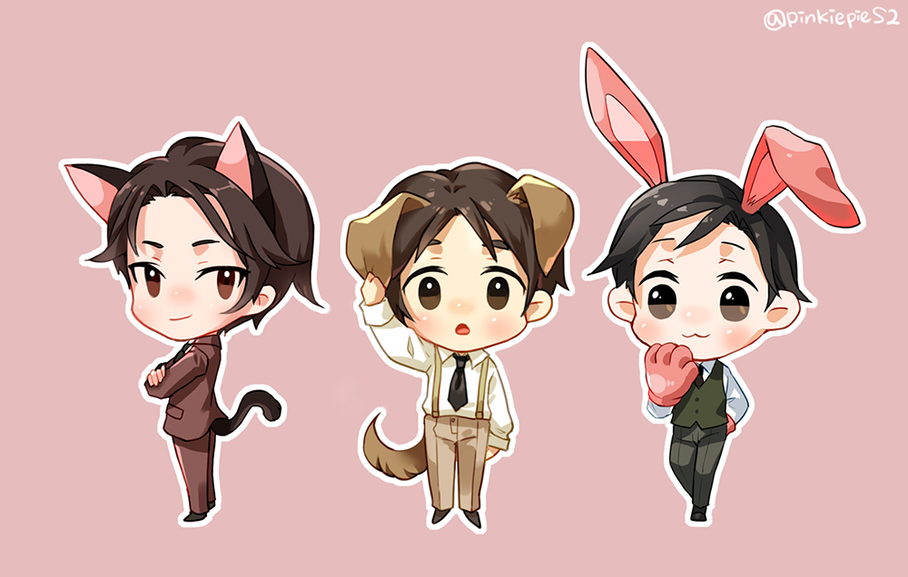 3boys, animal_ears, animal_hands, brown_eyes, brown_hair, brown_pants, cat_boy, cat_ears