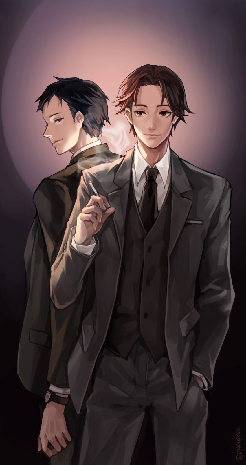 2boys, absurdres, brown_eyes, brown_hair, brown_pants, cigarette, collared_shirt, formal_clothes