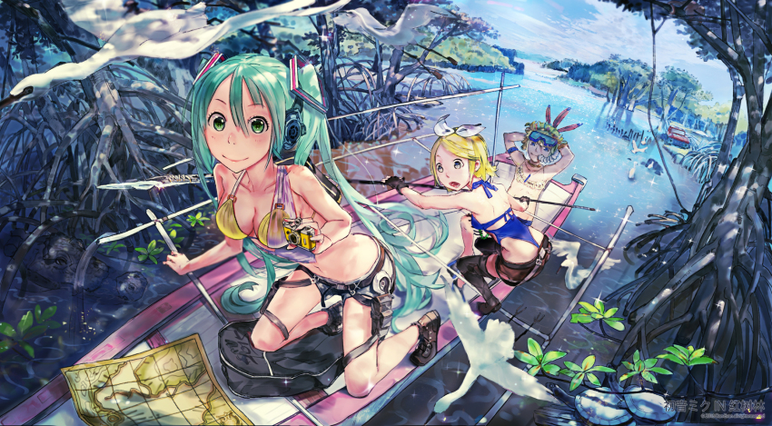 1boy, 2girls, aqua_hair, armband, arms_behind_head, bag, bikini, bikini_under_clothes