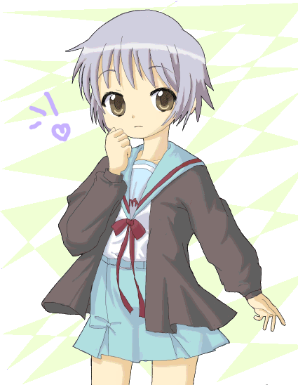 00s, 1girl, bow, brown_eyes, cardigan, chaba, chaba_(chabanyu), child, female_focus, grey_hair, nagato_yuki, ribbon, school_uniform, serafuku, short_hair, skirt, solo, suzumiya_haruhi_no_yuuutsu