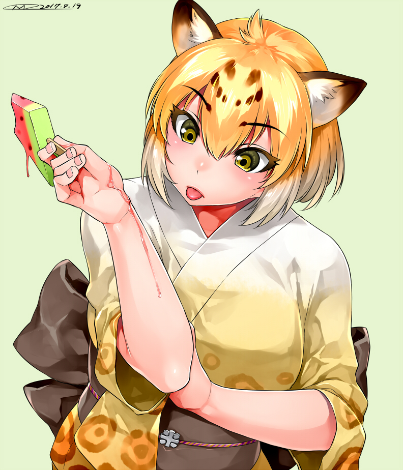 10s, 1girl, animal_ears, bare_arms, blonde_hair, dated, female_focus, food, frozen_fruit, fruit, green_background, hair_between_eyes, hand_up, holding, jaguar_(kemono_friends), jaguar_ears, leopard_print, japanese_clothes, kemono_friends, kimono, looking_down, mitsuba_minoru, multicolored_hair, obi, popsicle, sash, short_hair, short_sleeves, signature, simple_background, solo, tongue, tongue_out, tsurime, upper_body, watermelon, watermelon_bar, wet, wide_sleeves
