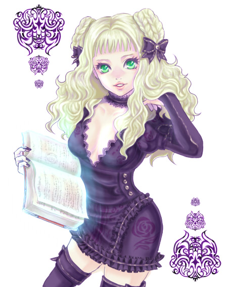 blonde_hair, green_eyes, long_hair, miyata0613, poison_pink, solo, thage, thighhighs