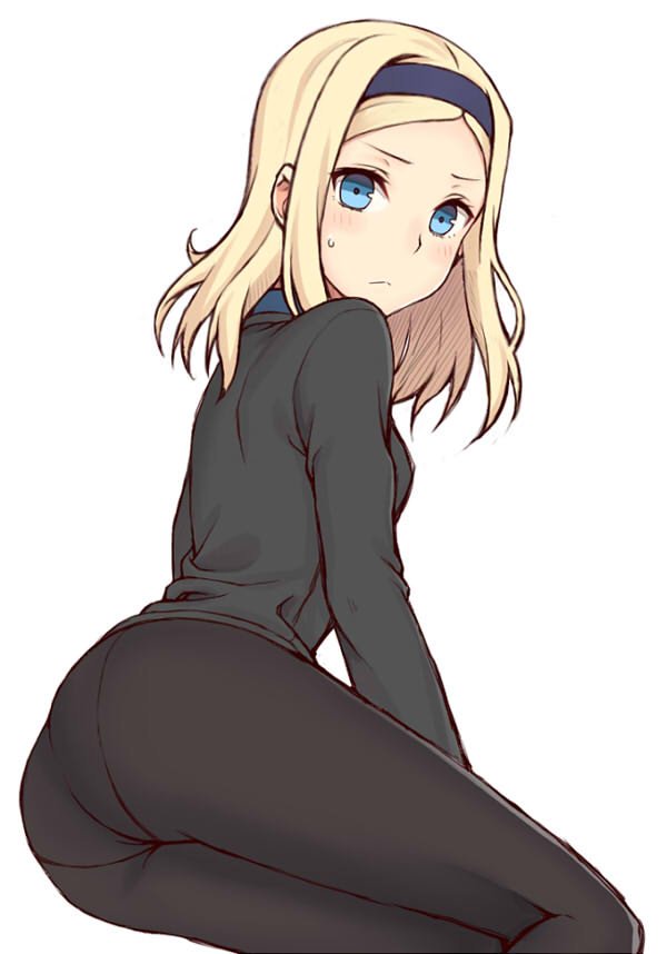 1girl, aleksandra_i._pokryshkin, ass, black_pantyhose, blonde_hair, blue_eyes, blush, brave_witches