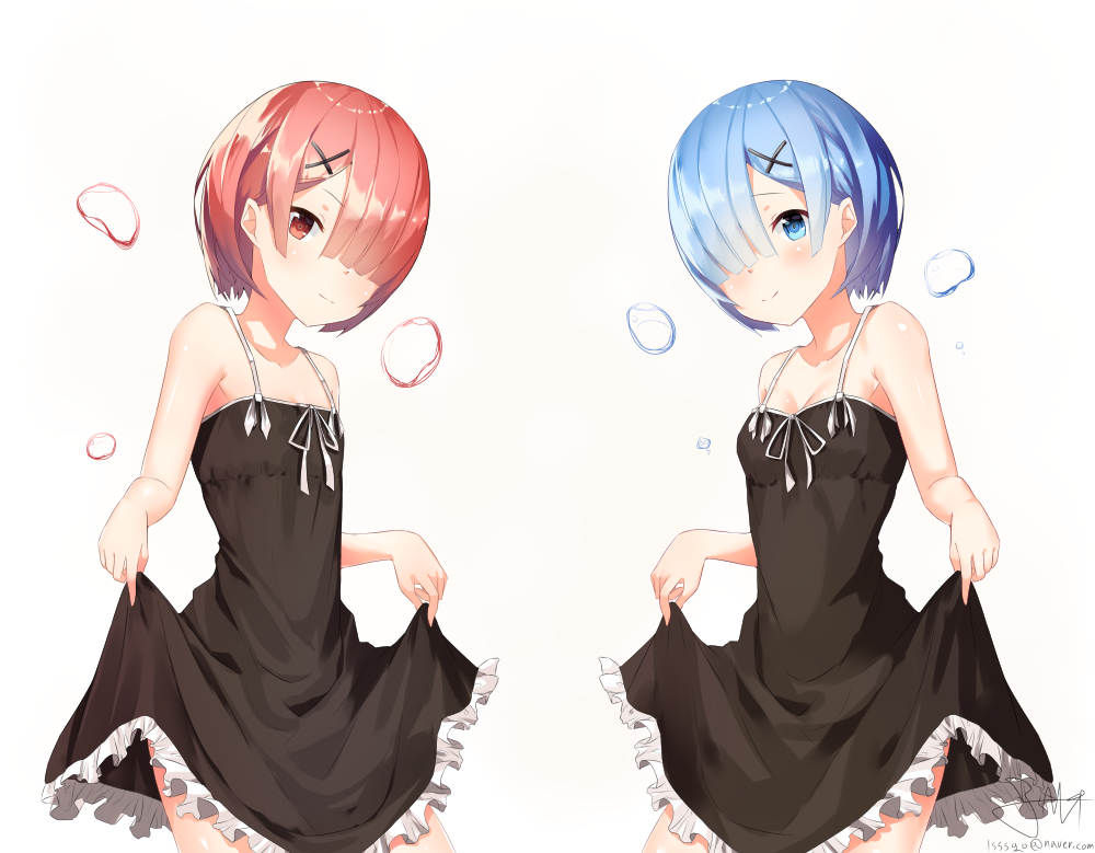 10s, 2girls, 714_(leg200kr), black_dress, blue_eyes, blue_hair, breasts, cleavage