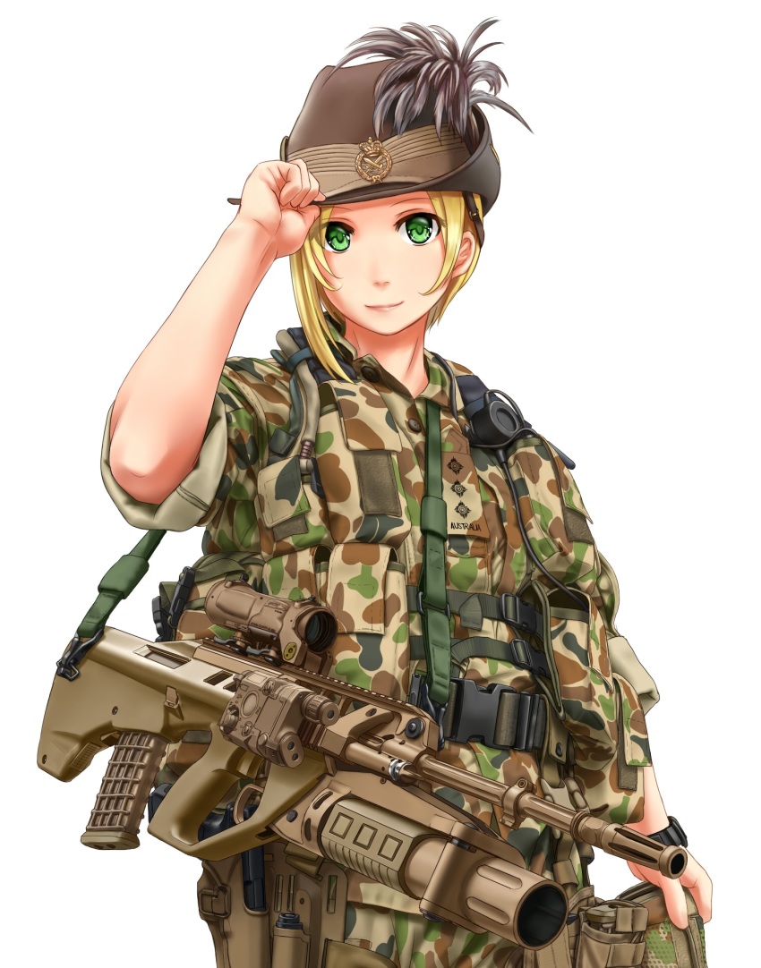 1girl, assault_rifle, blonde_hair, bullpup, camouflage, cowboy_shot, female_focus, fn_ag-c/eglm