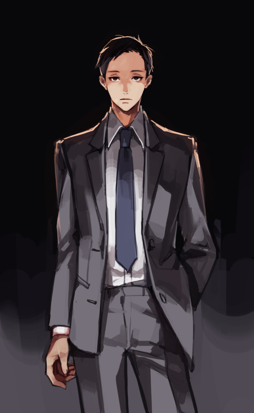 1boy, black_background, black_hair, blue_necktie, buttons, closed_mouth, collared_shirt, fukumoto_(joker_game)