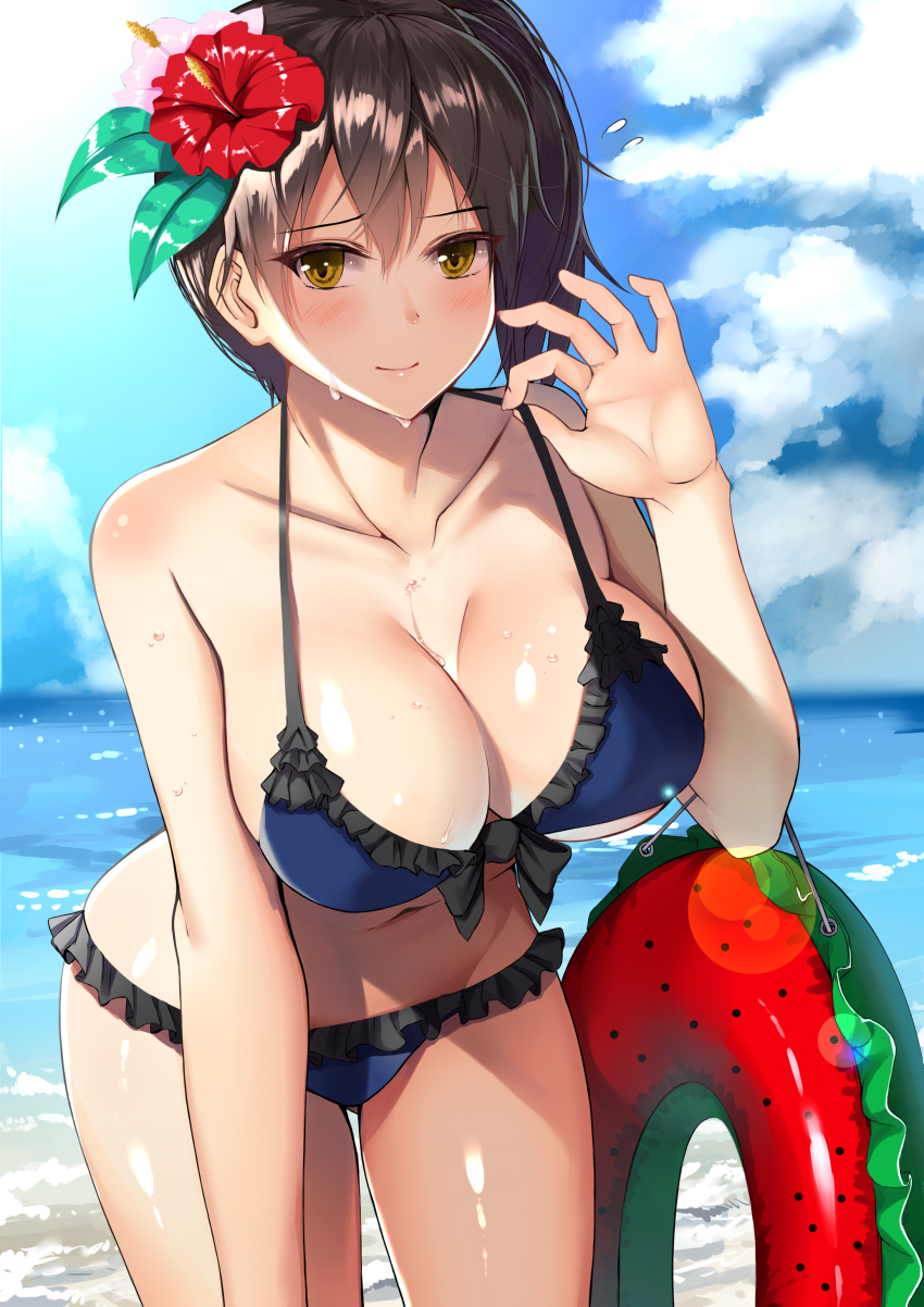 10s, 1girl, absurdres, bikini, black_hair, blue_bikini, blue_sky, blush