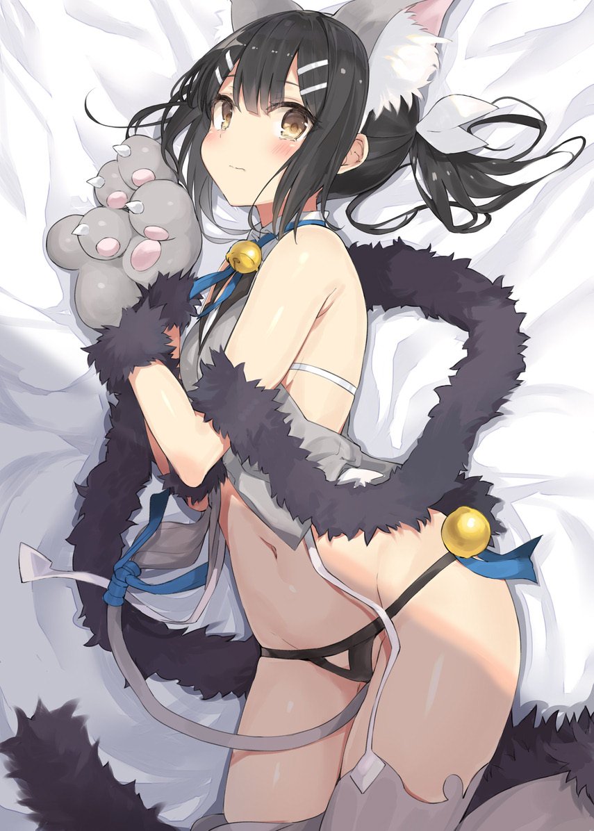 1girl, 3:, a_(nanananaaannaa), animal_ears, animal_hands, bed_sheet, bell, between_legs