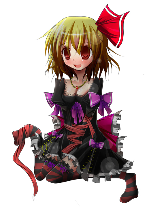 1girl, blonde_hair, embodiment_of_scarlet_devil, female_focus, gothic_lolita, kanchikinps, lolita_fashion, red_eyes