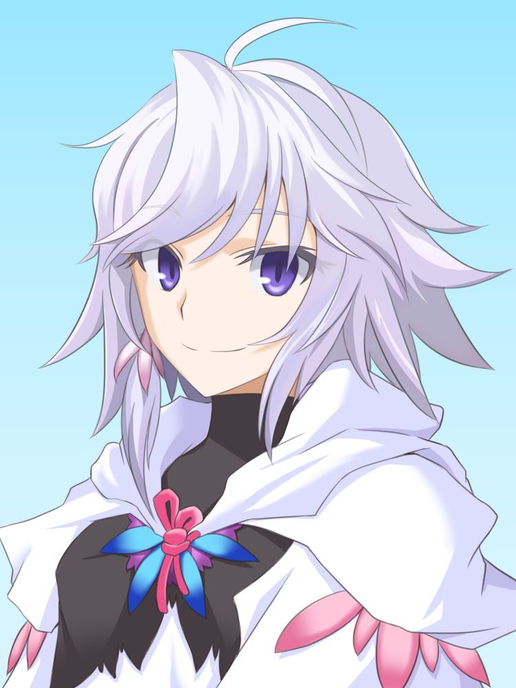 1girl, ahoge, blue_background, fate/grand_order, fate/stay_night, fate_(series), female_focus, galsink, genderswap, genderswap_(mtf), hood, hood_down, kawasumi_ayako, long_hair, merlin_(fate/prototype), merlin_(fate/stay_night), purple_eyes, robe, short_hair, simple_background, smile, solo, upper_body, white_hair