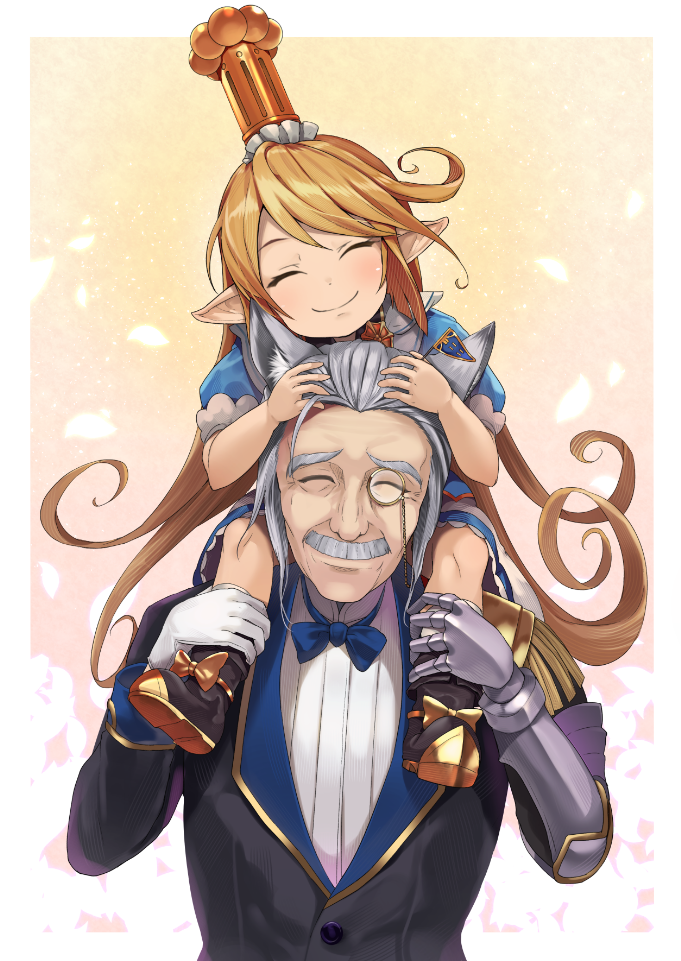1boy, 1girl, ^_^, animal_ears, black_footwear, blonde_hair, blue_bow, blush