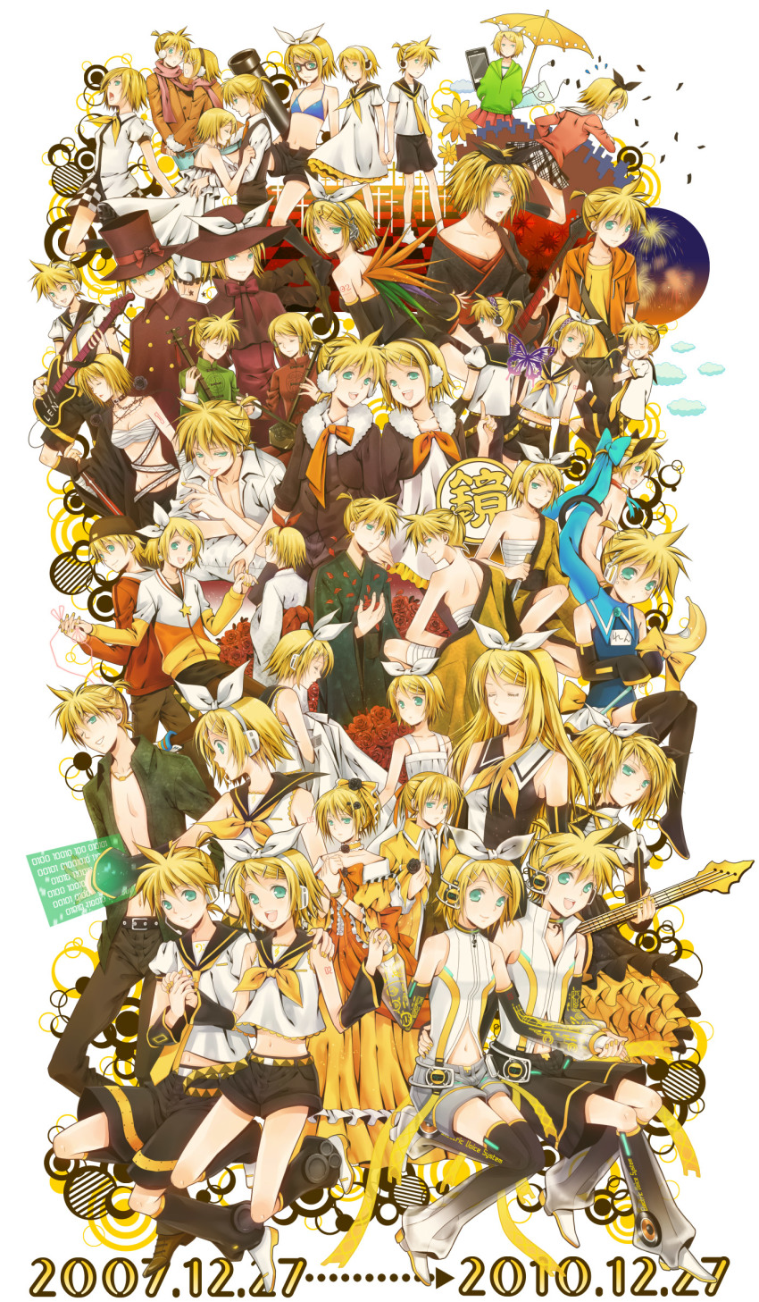 1boy, 1girl, 2007, 2010, absurdres, aku_no_meshitsukai_(vocaloid), aku_no_musume_(vocaloid), arrow_(symbol), asymmetry_l_(module), asymmetry_r_(module), blonde_hair, brother_and_sister, cendrillon_(vocaloid), fire_flower_(vocaloid), gekokujou_(vocaloid), gemini_(vocaloid), gokurakuchou_(vocaloid), green_eyes, haito_ateliesta_nite_(vocaloid), headphones, highres, iroha_uta_(vocaloid), juvenile_(vocaloid), kagamine_len, kagamine_len_(append), kagamine_len_(asymmetry_l), kagamine_len_no_bousou_(vocaloid), kagamine_rin, kagamine_rin_(append), kagamine_rin_(asymmetry_r), kagamine_rin_(melancholy), kokoro_(vocaloid), magical_nuko-lenlen_(vocaloid), melancholic_(vocaloid), migikata_no_chou_(vocaloid), multiple_boys, multiple_girls, multiple_views, noroi_no_megane_(vocaloid), paradichlorobenzene_(vocaloid), project_diva_(series), project_diva_2nd, revision, roshin_yuukai_(vocaloid), shuumatsu_ga_yattekuru!_(vocaloid), siblings, sigre_(vocaloid), songover, spice!_(vocaloid), tiger_rampage_(vocaloid), twins, vocaloid, vocaloid_append, yuuno_(yukioka)
