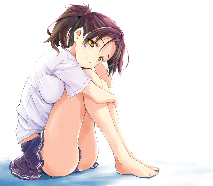 1girl, bare_legs, barefoot, black_skirt, blue_panties, blush, breast_press, breasts