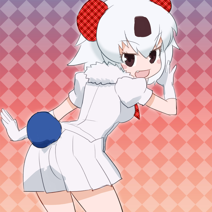 >:d, 10s, 1girl, :d, brown_eyes, checkered_background, cowboy_shot, fang, female_focus, fur_collar, gloves, kemono_friends, koala_ears, koala_tail, looking_at_viewer, looking_back, miniskirt, open_mouth, palcoarai-san_(kemono_friends), parco_(retailer), parcoala, pleated_skirt, sat-c, short_sleeves, skirt, smile, solo, v-shaped_eyebrows, white_gloves, white_hair, white_skirt
