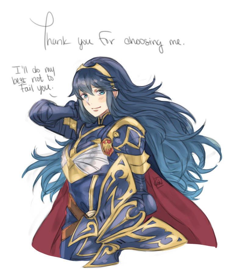 1girl, armor, blue_eyes, blue_hair, cape, english_text, female_focus, fire_emblem, fire_emblem_awakening, fire_emblem_heroes, holding, holding_shield, krazehkai, long_hair, lucina_(brave_princess)_(fire_emblem), lucina_(fire_emblem), nintendo, shield, simple_background, smile, solo, white_background