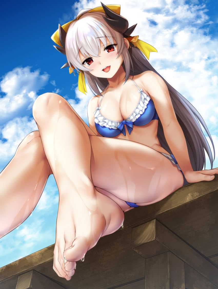 1girl, arm_support, barefoot, bikini, blue_bikini, blue_sky, blush, bow
