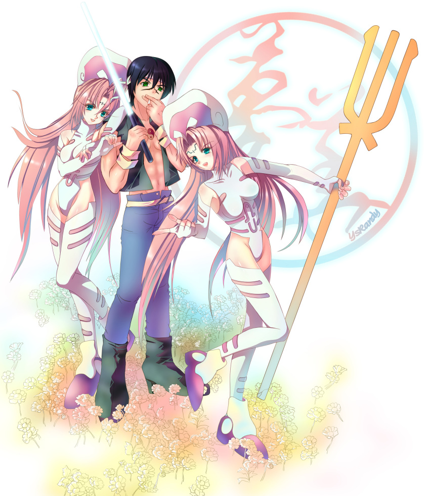 1990s_(style), bare_shoulders, black_hair, cigarette, energy_sword, green_eyes, highres, houshin_engi, kou_tenka, leotard, lightsaber, long_hair, pink_hair, polearm, smoking, so_dakki, spear, sword, thighhighs, trident, weapon, youzen, ysrandy