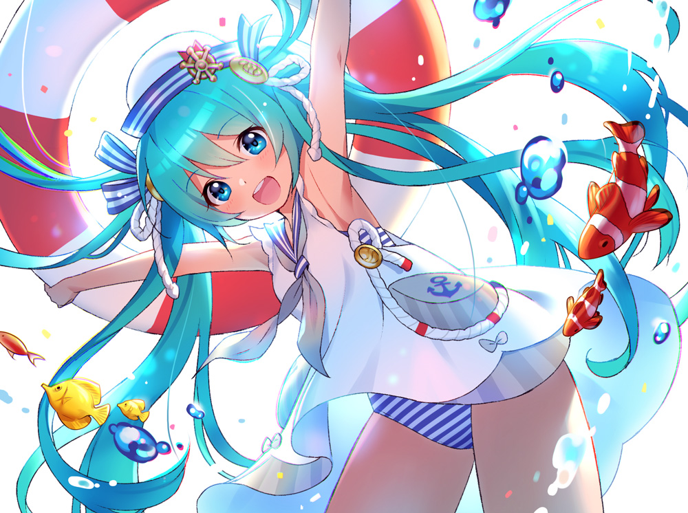 1girl, :d, anchor_symbol, aqua_hair, armpits, blue_eyes, female_focus, fish