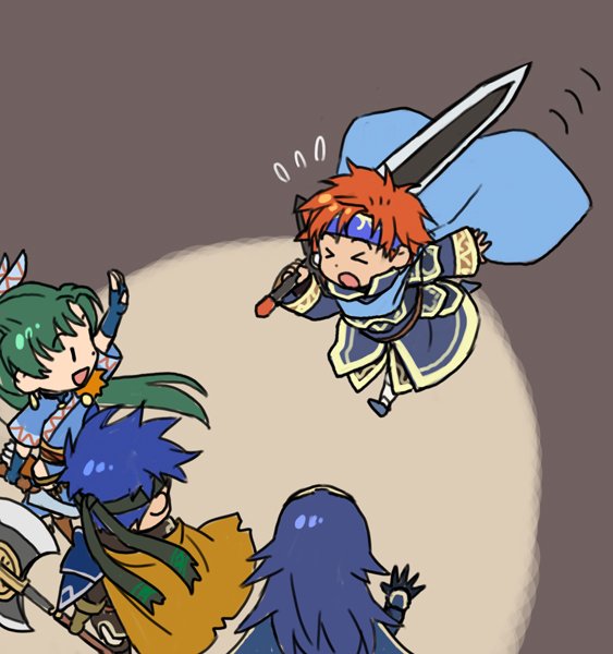 2boys, 2girls, armor, axe, blue_eyes, blue_hair, cape, chibi