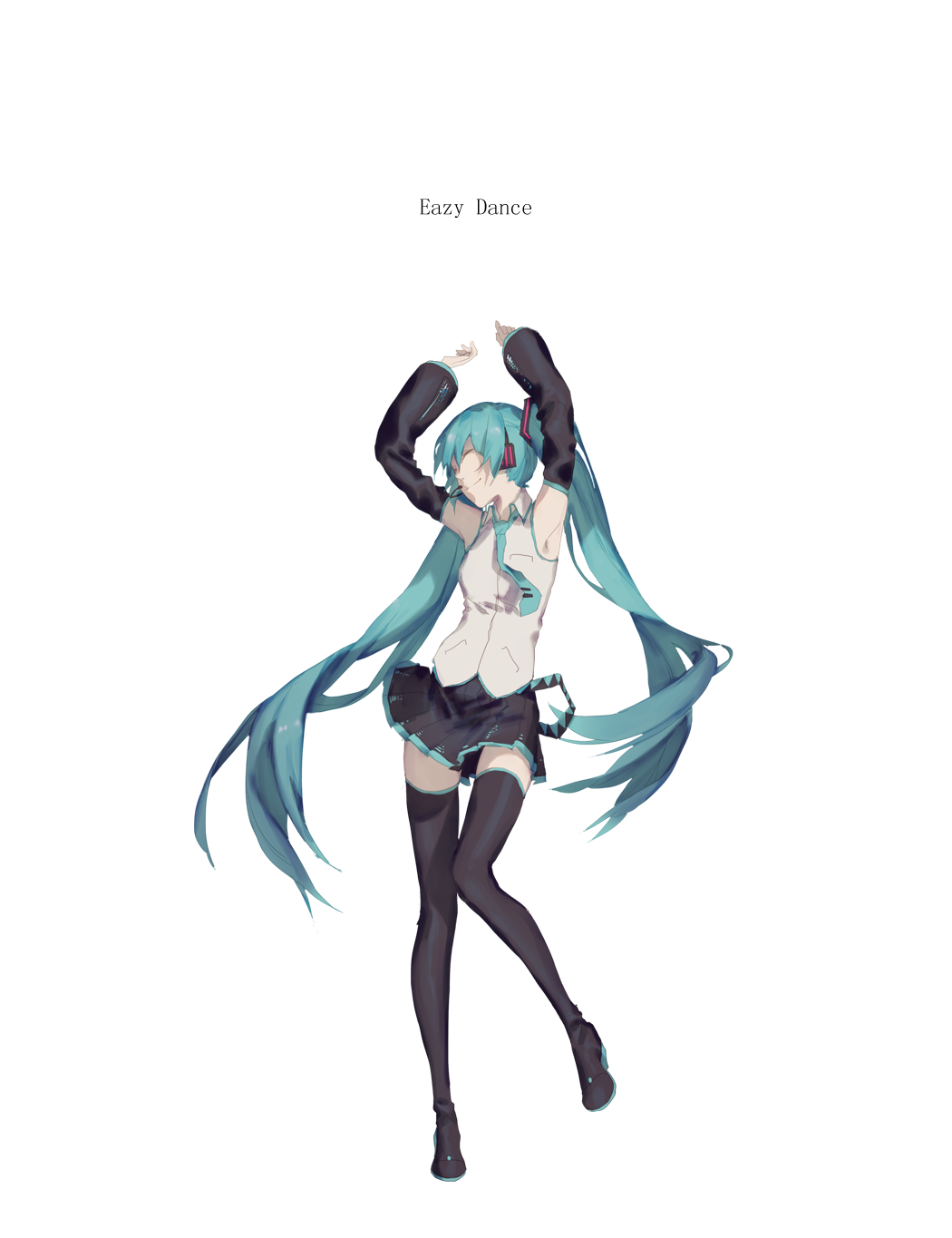 1girl, aqua_hair, aqua_necktie, armpits, arms_up, black_boots, black_skirt, boots, closed_eyes, closed_mouth, collared_shirt, copyright_name, detached_sleeves, eazy_dance_(vocaloid), female_focus, full_body, grey_shirt, hatsune_miku, headphones, highres, long_hair, necktie, pleated_skirt, shirt, simple_background, skirt, sleeveless, sleeveless_shirt, smile, solo, song_name, spencer_sais, suspenders, thigh_boots, thighhighs, twintails, very_long_hair, vocaloid, white_background