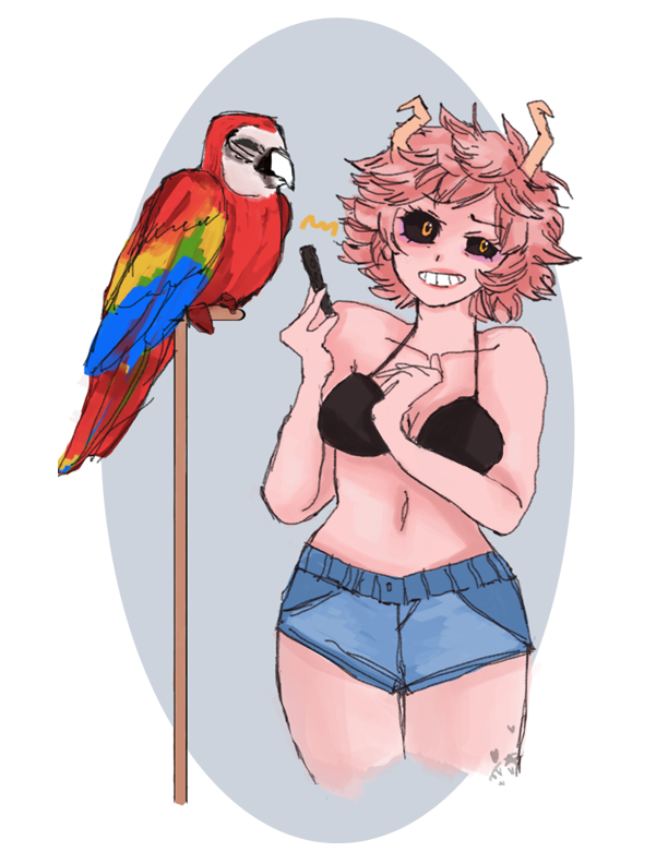 10s, 1girl, ashido_mina, bikini, bird, black_sclera, boku_no_hero_academia, colored_sclera