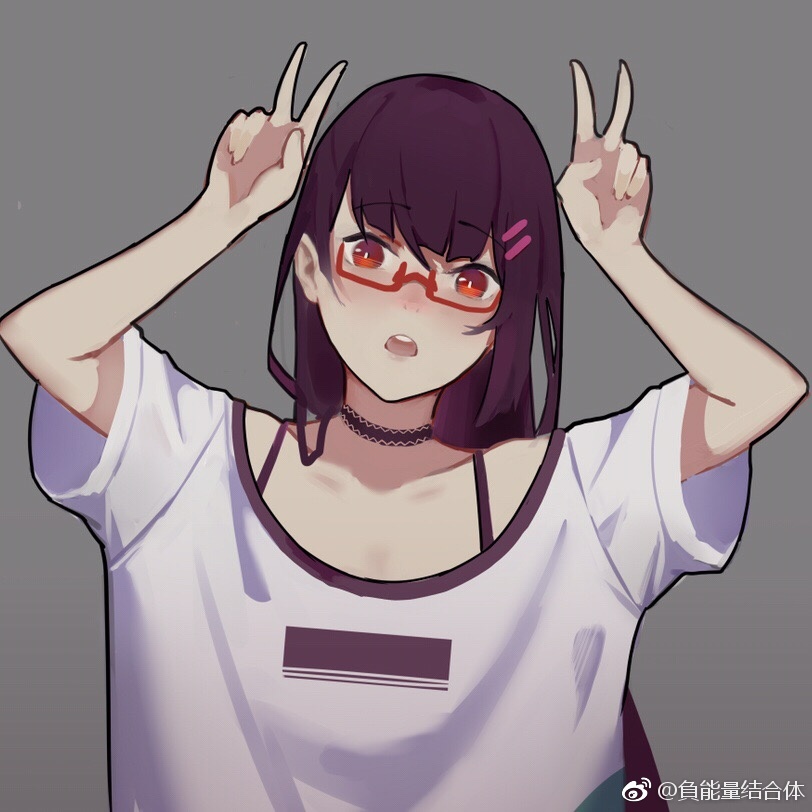 1girl, arms_up, bespectacled, bright_pupils, casual, choker, double_v, female_focus, funengliang_jieheti, girls'_frontline, glasses, grey_background, hair_ornament, hairclip, long_hair, looking_at_viewer, off-shoulder_shirt, off_shoulder, open_mouth, purple_hair, red-framed_eyewear, red_eyes, semi-rimless_eyewear, shirt, short_sleeves, simple_background, sketch, solo, t-shirt, under-rim_eyewear, upper_body, v, wa2000_(girls'_frontline), watermark, weibo_watermark, white_pupils