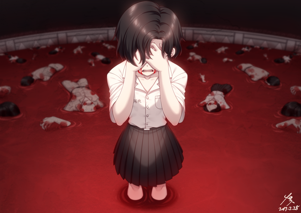 1girl, black_hair, blood, bloody_tears, corpse, covering_own_eyes, crying, dated