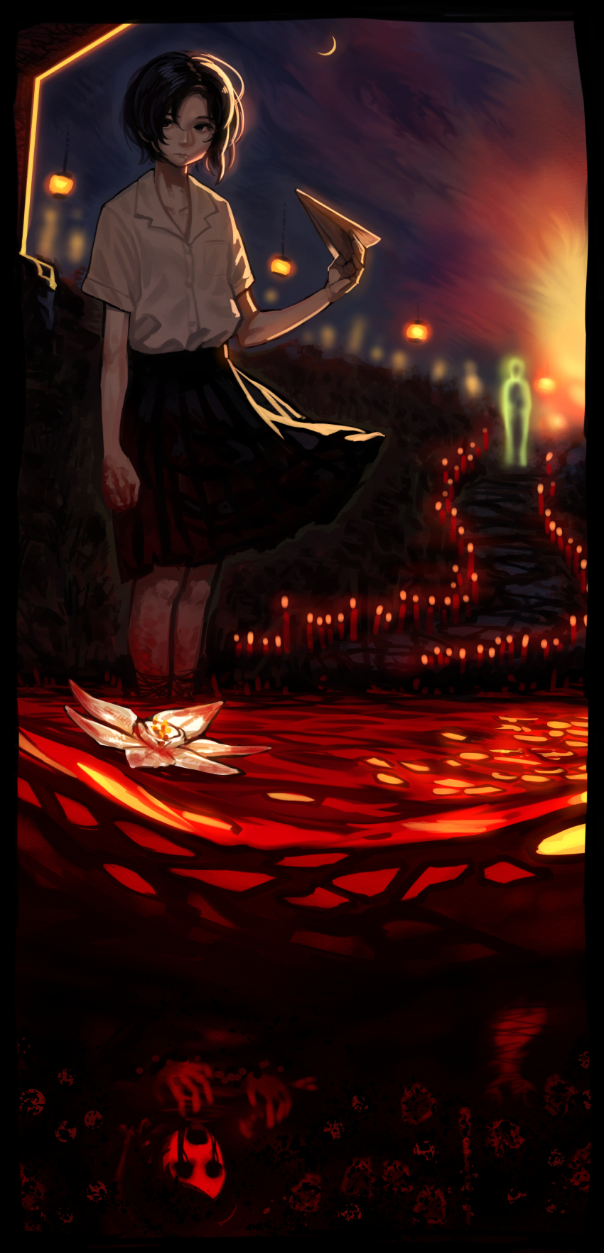 1girl, absurdres, black_eyes, black_hair, black_skirt, blood_on_hands, bloody_stream, bukimi_isan