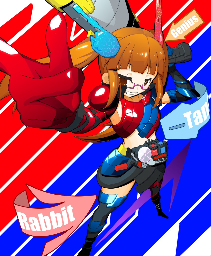 absurdres, armor, belt, blue_eyes, bohi_yamage, cosplay, fullmetal_moonsault, highres, idolmaster, idolmaster_cinderella_girls, ikebukuro_akiha, kamen_rider, kamen_rider_build, kamen_rider_build_(cosplay), kamen_rider_build_(series), rabbit+tank_form, rider-tan