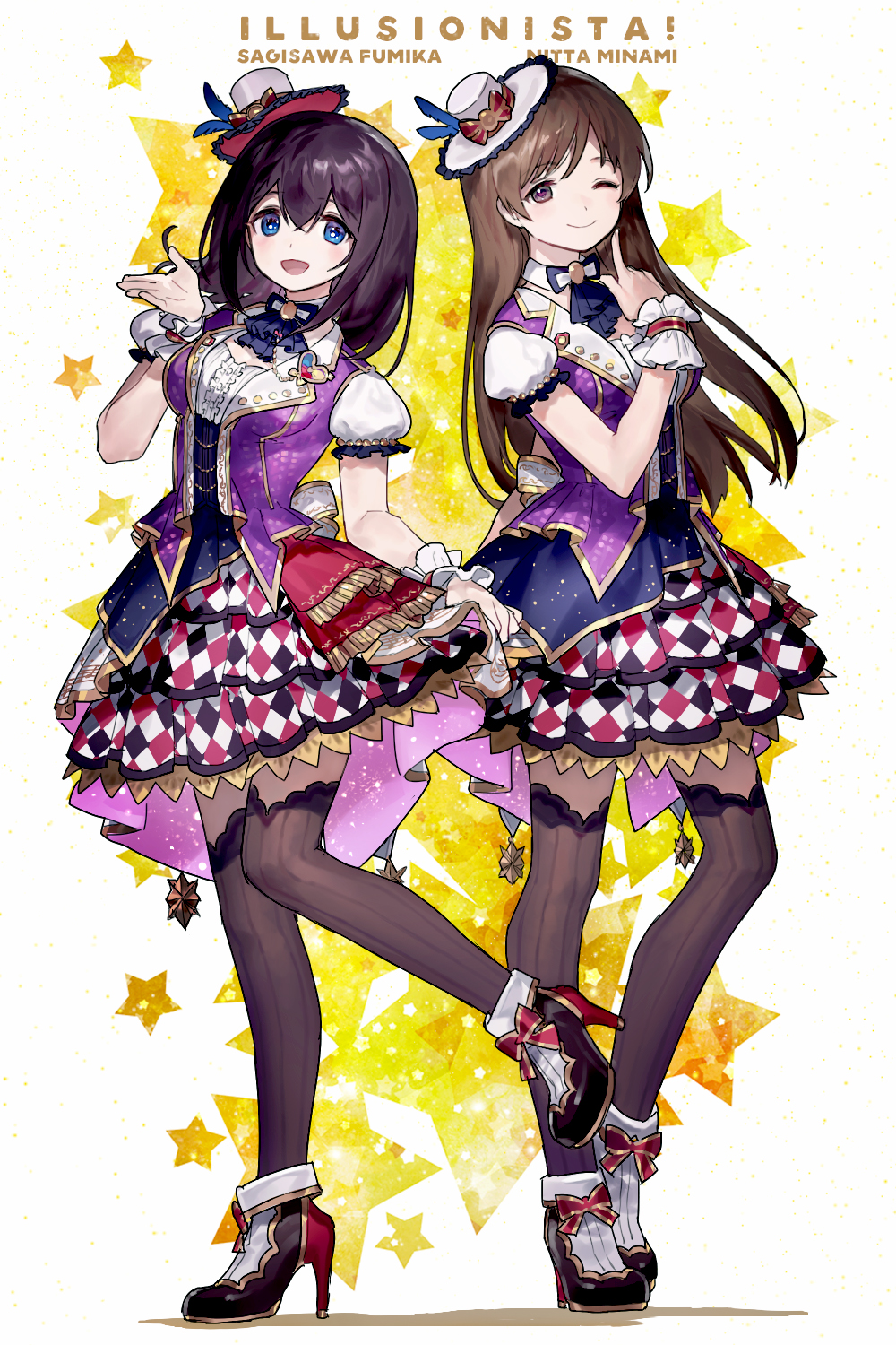 2girls, ainy, bad_id, bad_pixiv_id, black_hair, black_legwear, blue_eyes, brown_eyes