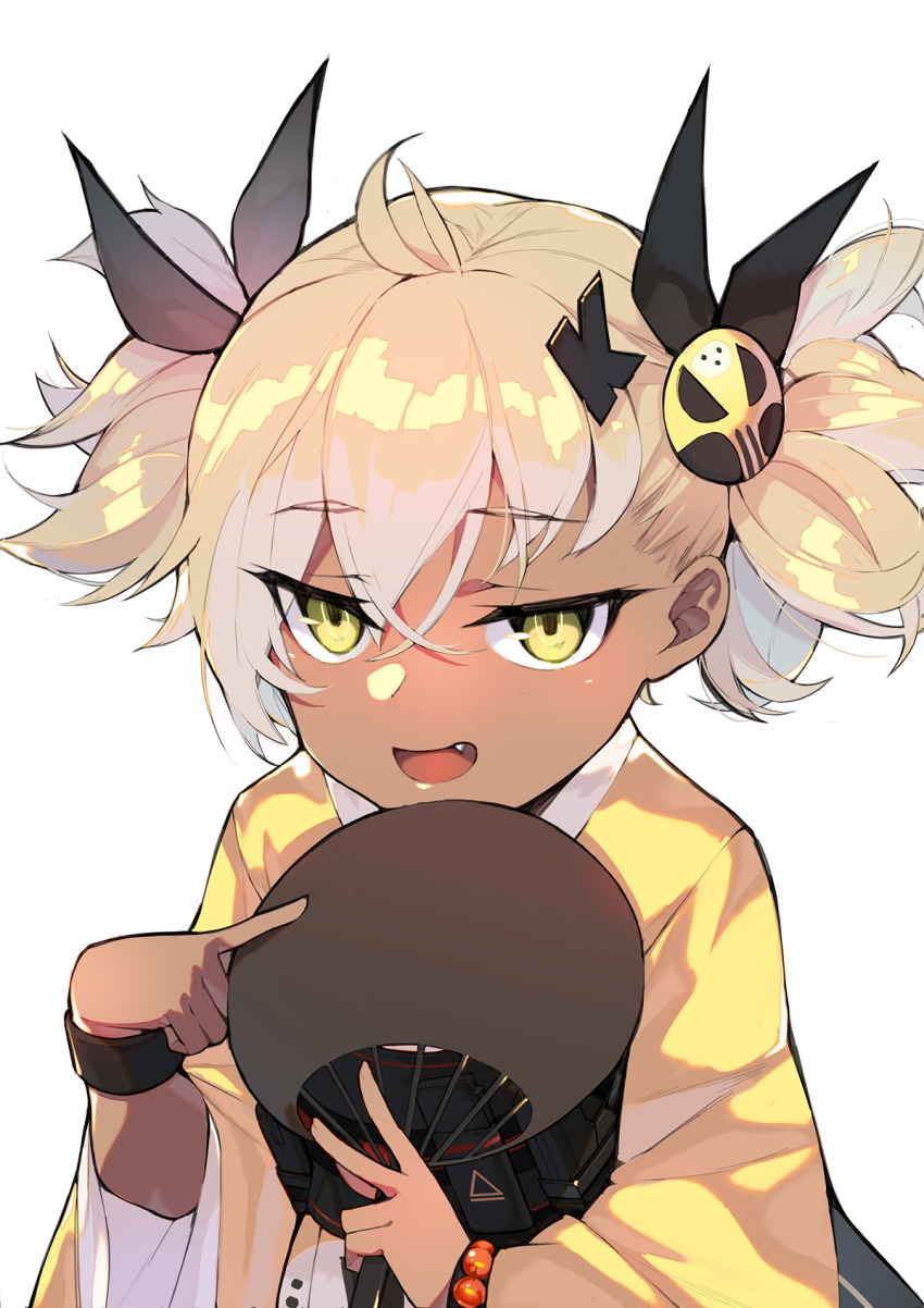 1girl, :d, ahoge, black_ribbon, blonde_hair, dark-skinned_female, dark_skin, fang