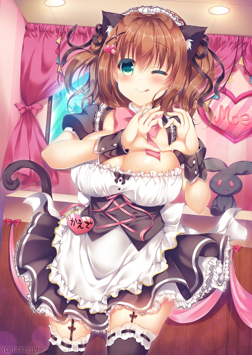 1girl, four-finger_heart_hands, ;q, animal_ears, aoki_kaede, apron, black_dress, black_ribbon, black_thighhighs, blush, breasts, brown_hair, cat_ears, cat_tail, closed_mouth, commentary_request, company_name, corset, curtains, dress, female_focus, frilled_apron, frilled_dress, frills, garter_straps, green_eyes, hair_between_eyes, hair_intakes, hair_ornament, hair_ribbon, hands_up, heart, heart_hair_ornament, heart_hands, highres, indoors, large_breasts, looking_at_viewer, maid, maid_headdress, neck_ribbon, one_eye_closed, original, pink_ribbon, puffy_short_sleeves, puffy_sleeves, ribbon, ribbon-trimmed_legwear, ribbon_trim, shiny_skin, short_dress, short_sleeves, smile, solo, standing, stuffed_animal, stuffed_rabbit, stuffed_toy, suzunone_rena, tail, thighhighs, tongue, tongue_out, two_side_up, waist_apron, window, wrist_cuffs, x_hair_ornament, zettai_ryouiki