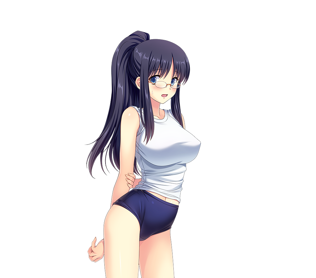 1girl, arms_behind_back, bare_arms, bare_legs, blue_eyes, blush, breasts, buruma, cowboy_shot, embarrassed, eyebrows, female_focus, game_cg, glasses, gym_uniform, jinno_ai, kuroda_akimi, large_breasts, legs, long_hair, looking_at_viewer, open_mouth, original, ponytail, purple_hair, simple_background, sleeveless, solo, standing, thighs, tsumamigui_(series), tsumamigui_3, white_background