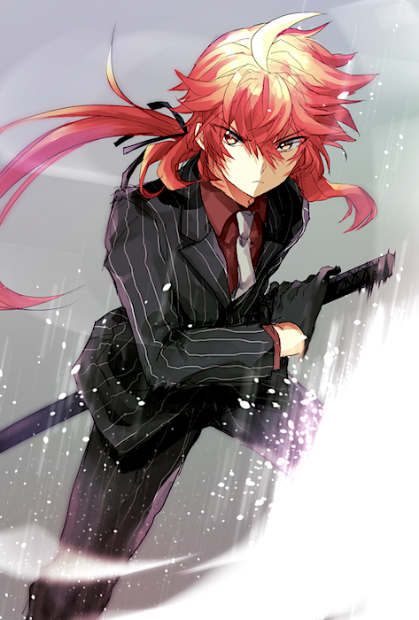 1boy, ahoge, alternate_costume, bishounen, blouse, blush, collared_shirt, fate/grand_order, fate_(series), fighting_stance, formal_clothes, long_hair, looking_at_viewer, male_focus, orange_hair, pinstripe_pattern, pinstripe_suit, ponytail, rama_(fate), rama_(outrage)_(fate), ready_to_draw, red_eyes, red_hair, red_shirt, satoimo_(3311_mi), shirt, striped, suit, sword, trap, weapon